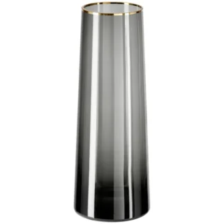 Berg stor, grå glassvase med personlig gravering og gullkant.