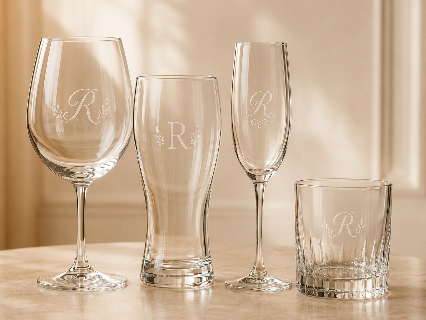 Graverte glass med gravering – vin-, øl-, champagne- og whiskyglass med frostet monogram.
