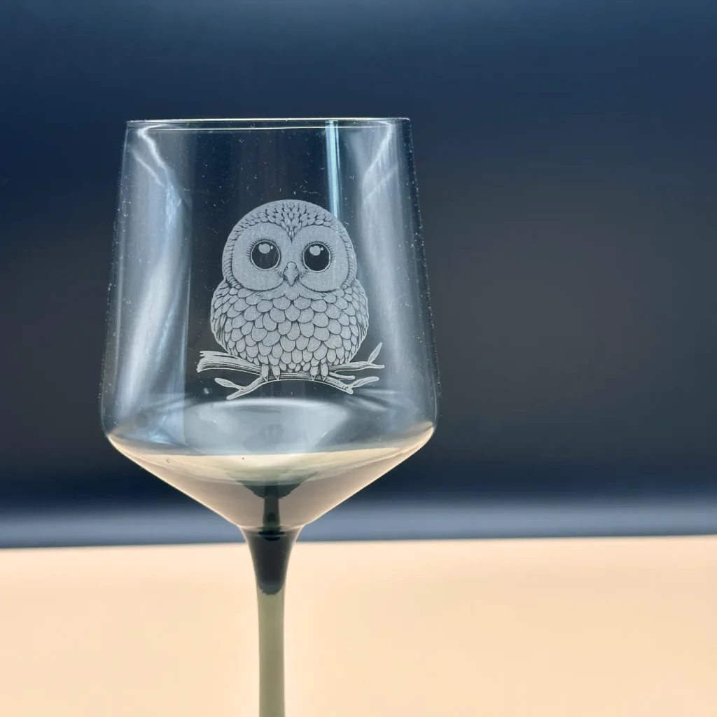 Ugle gravert på vinglass